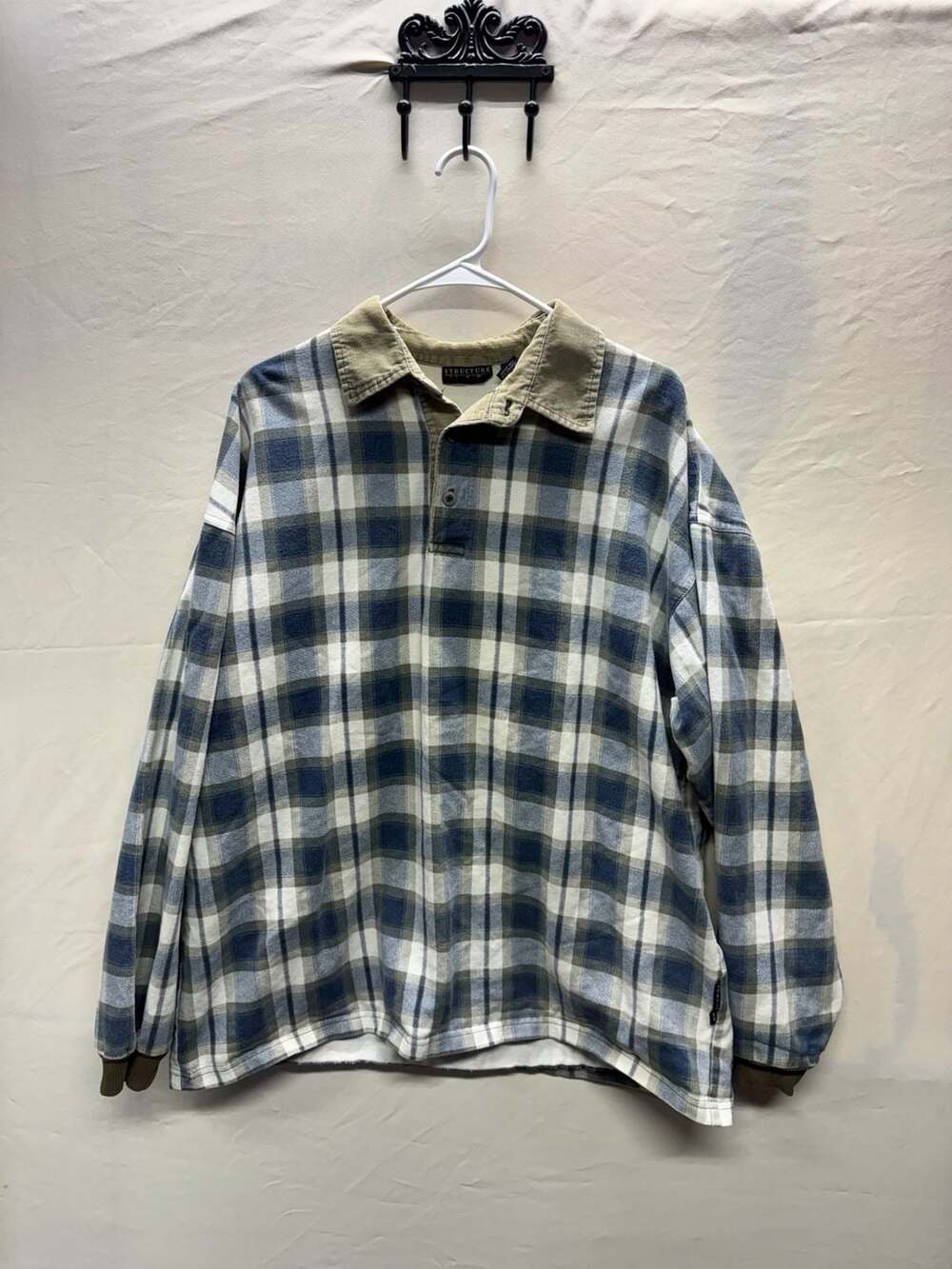 Vintage Structure Blue Plaid Corduroy Collar Long Sleeve Polo Shirt XL 90s Made